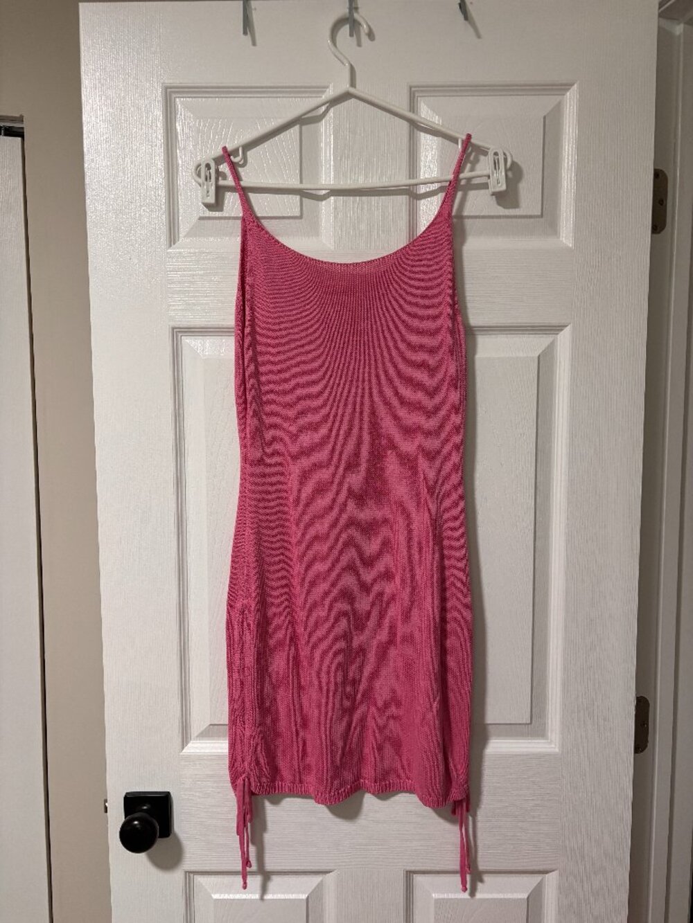 Pink Knit Beach Cover-Up Dress | Ruched Side Sleeveless Swim Cover-Up (Large)